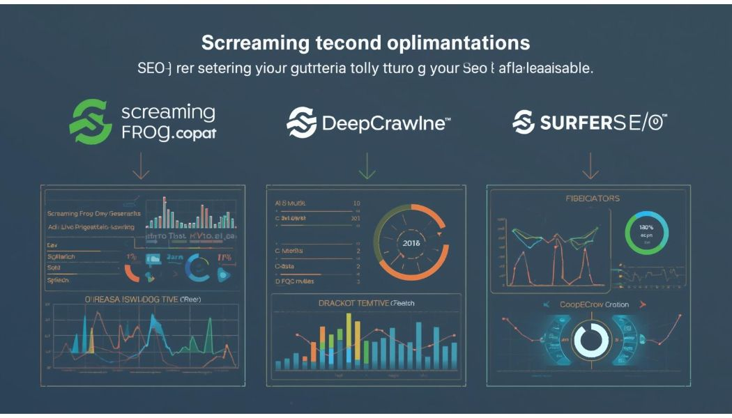 اینفوگرافیک ابزارهای سئو شامل Screaming Frog، DeepCrawl و SurferSEO با نمودارها و گراف‌ها برای تحلیل فنی وب‌سایت